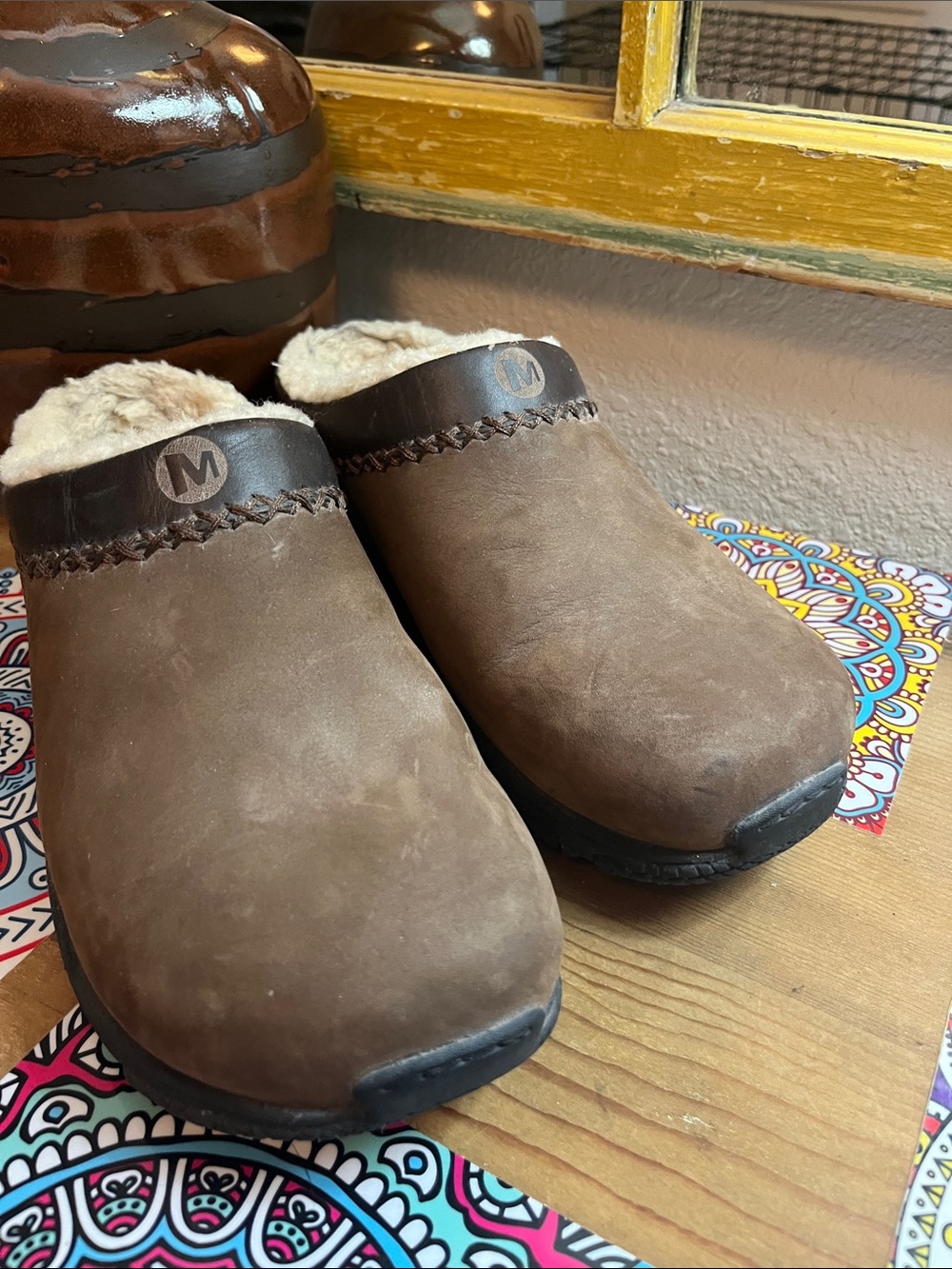 Merrell Brown Suede Shearling-Lined Slip-On Loafers Size 9.5 Womens or Mens 8.5